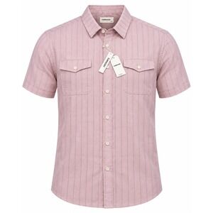 Tunevuse Mens 3XL Pink Pinstripe Short Sleeve Linen Blend Button Down Shirt NWT